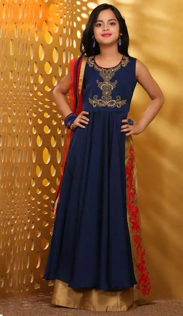 Nevvy Blue Color Taffera Silk Fabric Readymade Kids Girl Lehenga Choli | FH00031035