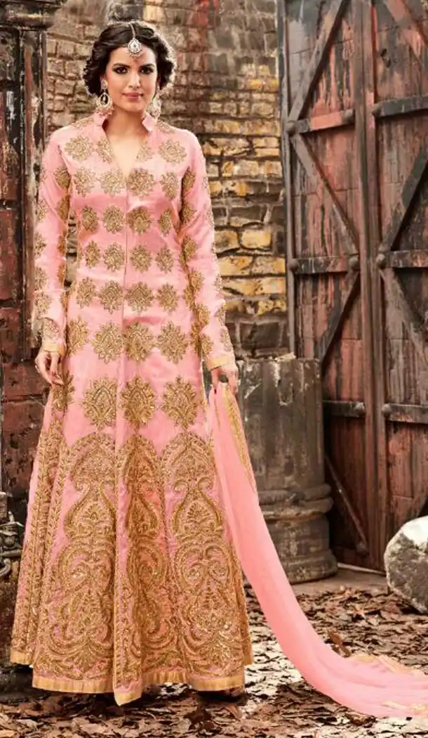 Pakistani Designer Wear Suit in Pure Silk Fabric and Salmon Color | FH532080396