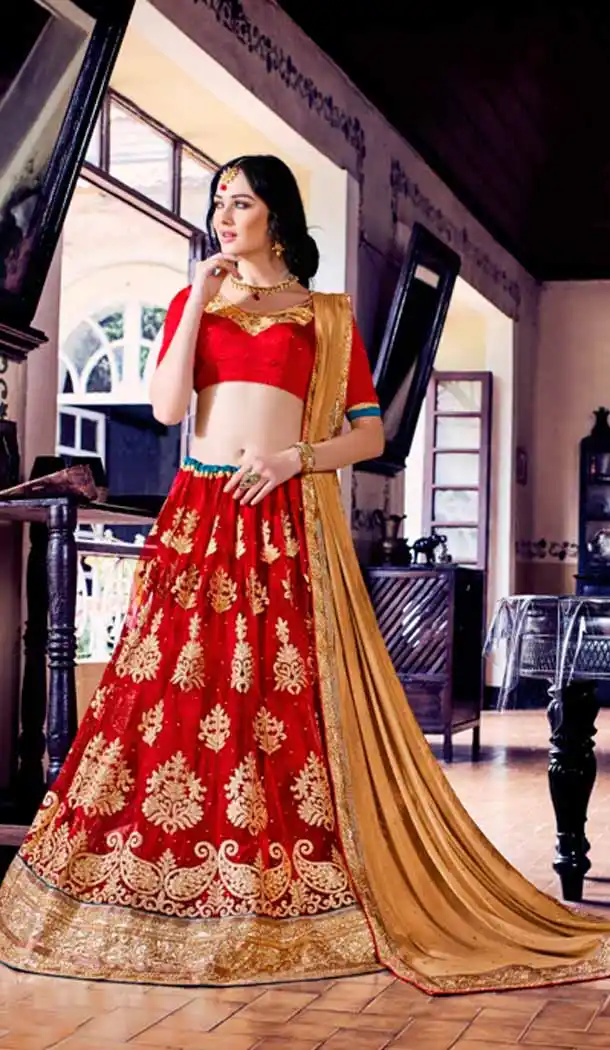 Embroidery Traditional Wear Lehenga Choli in Net and Red Color | FH531780367
