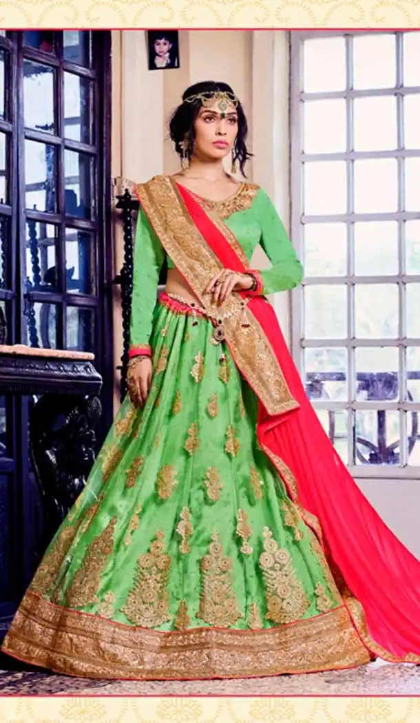 Embroidery Traditional Wear Lehenga Choli in Net and Parrot Green Color | FH531780368