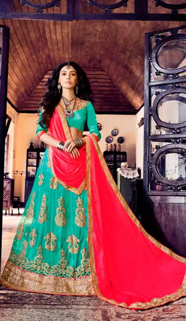 Embroidery Traditional Wear Lehenga Choli in Net and Turquoise Color | FH531780376