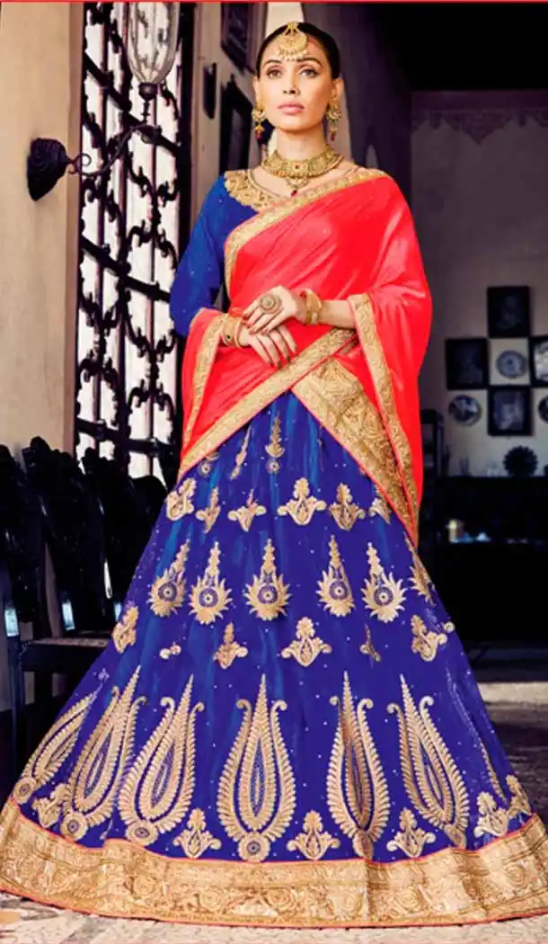 A Line Style Blue Color Net Traditional Wear Lehenga Choli | FH531880385