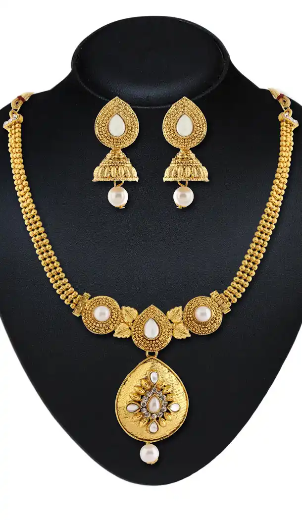 Women's Gold Color Moti Work Artificial Traditional Necklaces Set | FH532480455