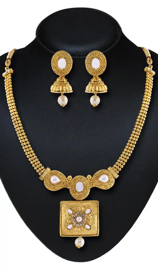 Gold Color Moti Work Artificial Traditional Necklaces Set | FH532480456