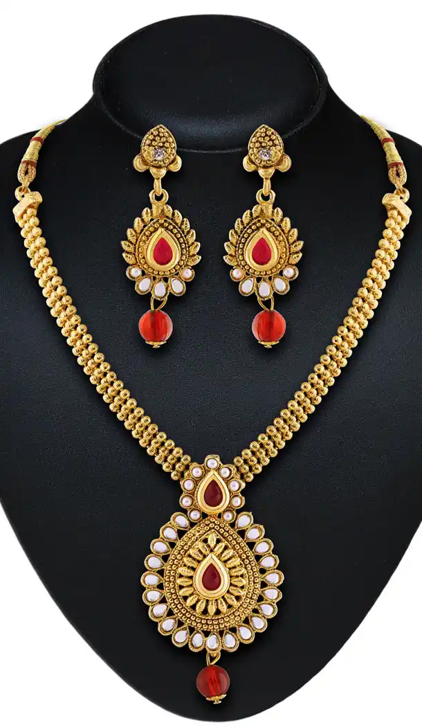 Women's Gold Color Moti Work Artificial Traditional Jewellery Necklaces Set | FH532480457