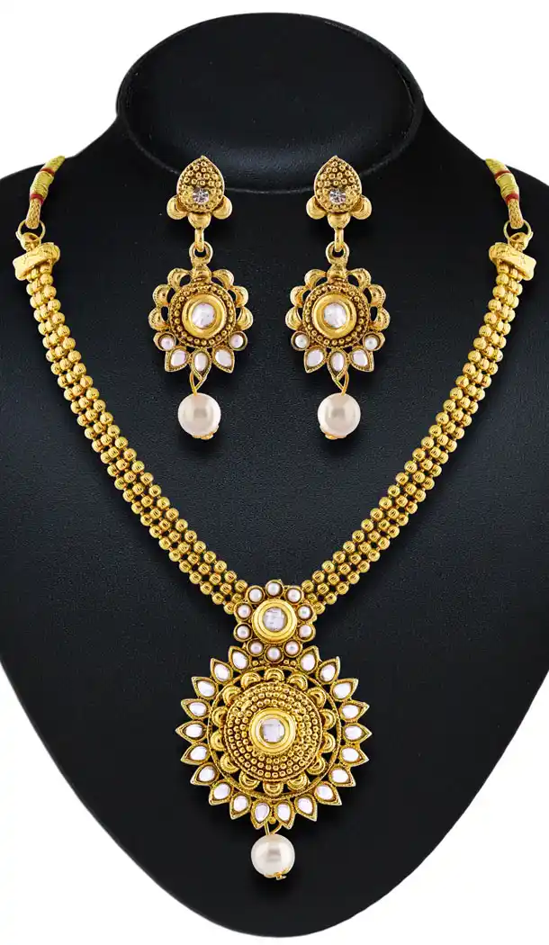 Artificial Traditional Gold Color Moti Work Jewellery Necklaces Set | FH532480460