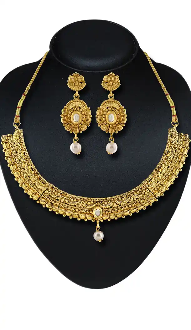 Artificial Traditional Gold Color Moti Work Jewellery Necklaces Set | FH532480461