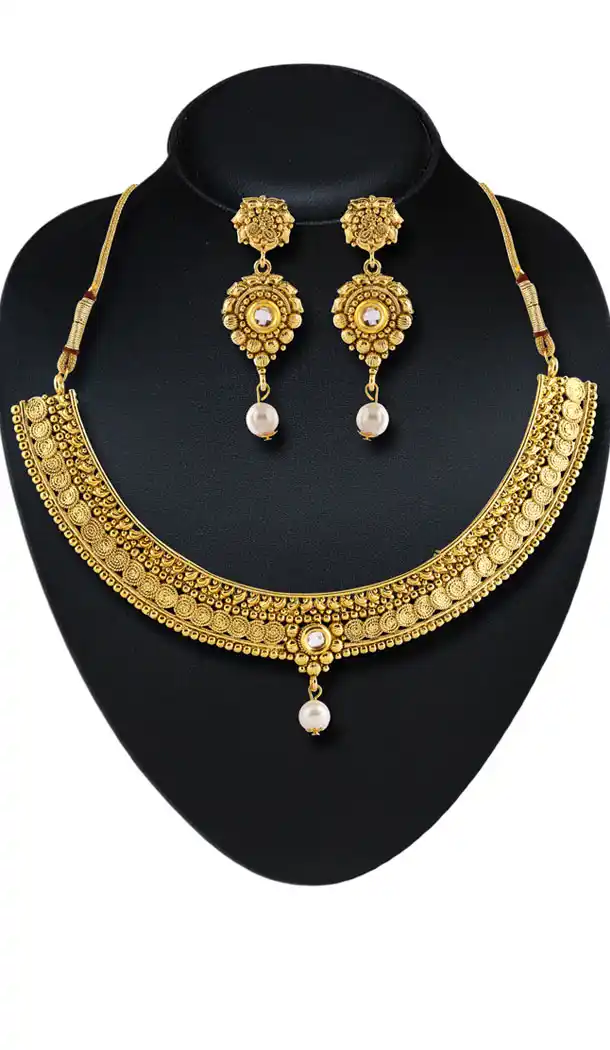 Artificial Traditional Gold Color Moti Work Jewellery Necklaces Set | FH532480463
