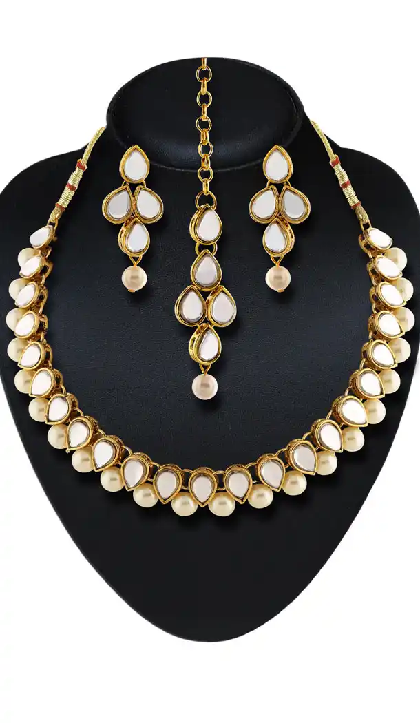 Artificial Traditional White,Gold Color Moti Work Jewellery Necklaces Set | FH532480464