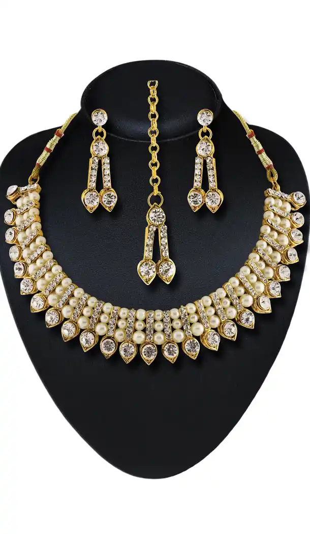 Artificial Traditional White,Gold Color Moti Work Jewellery Necklaces Set | FH532480465