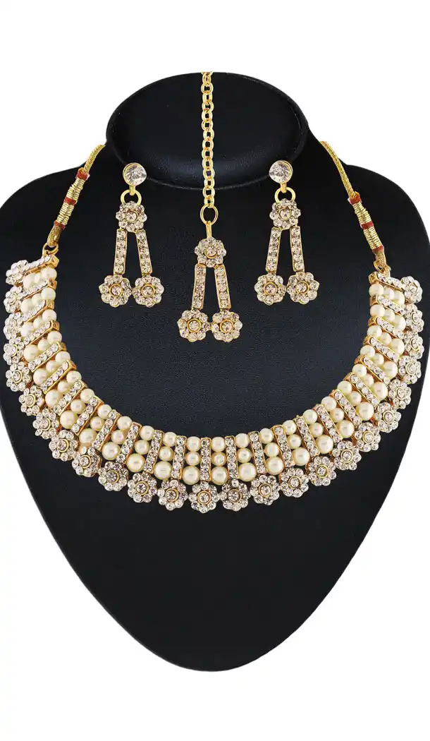 Artificial Traditional White,Gold Color Dimond Work Jewellery Necklaces Set | FH532480466