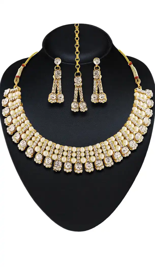 White,Gold Color Dimond Work Artificial Traditional Jewellery Necklaces Set | FH532480467