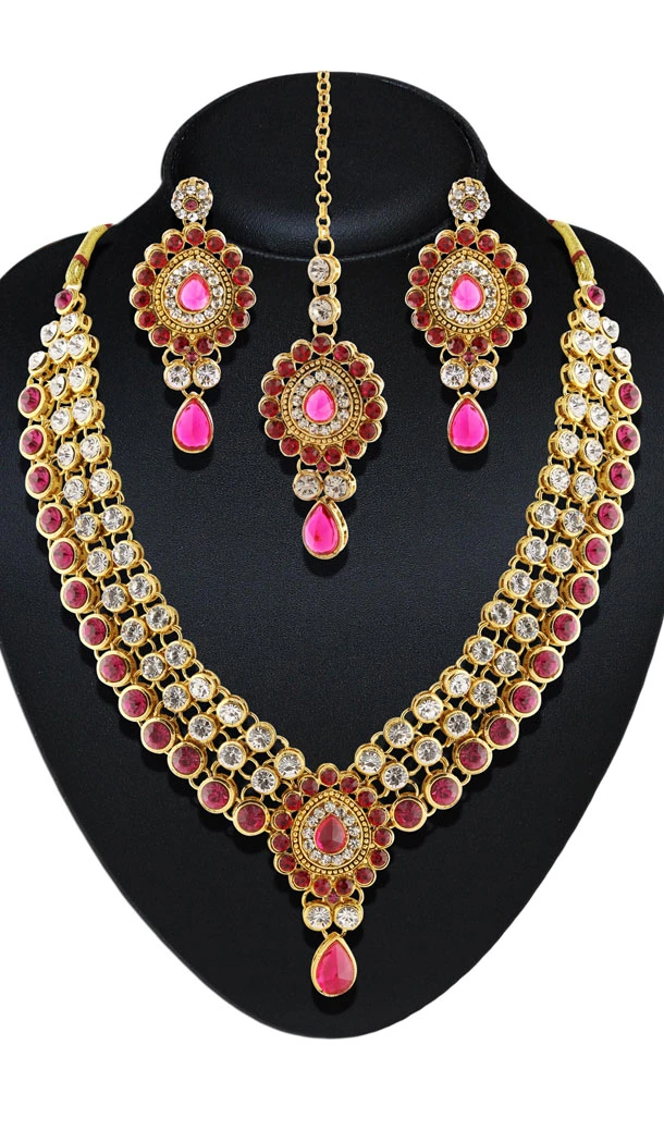Pink,White,Gold Color Dimond Work Artificial Traditional Jewellery Necklaces Set | FH532480468