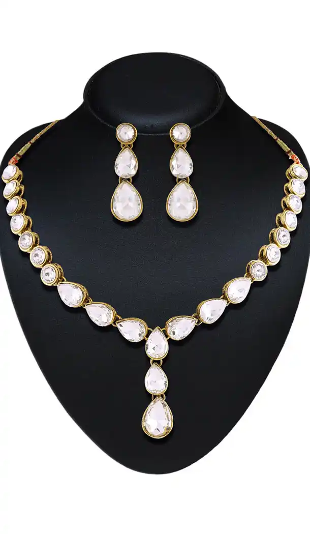 White,Gold Color Dimond Work Artificial Traditional Jewellery Necklaces Set | FH532480470