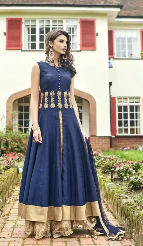 Navy Blue Color Banarasi Silk Achkan Style Party Wear Lehenga Kameez | FH533180540