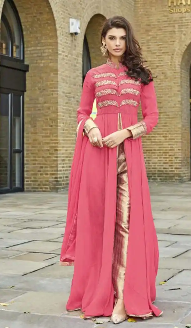 Deep Pink Color Georgette,Silk Anarkali Style Party Wear Narrow Pants Kameez | FH533180542