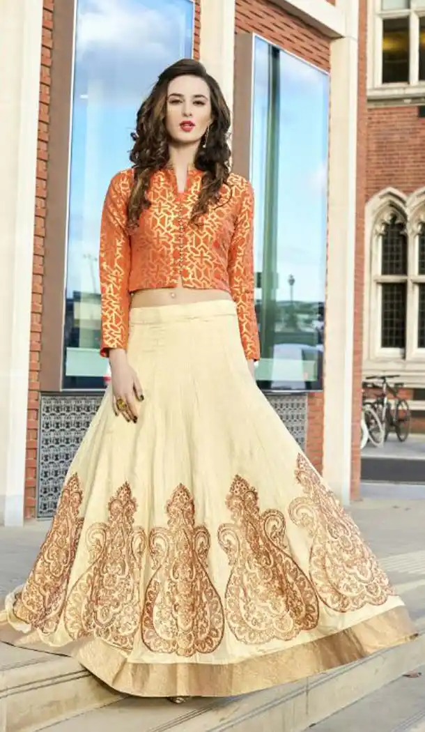 Beige Color Jacquard Anarkali Style Party Wear Lehenga Kameez | FH533180543