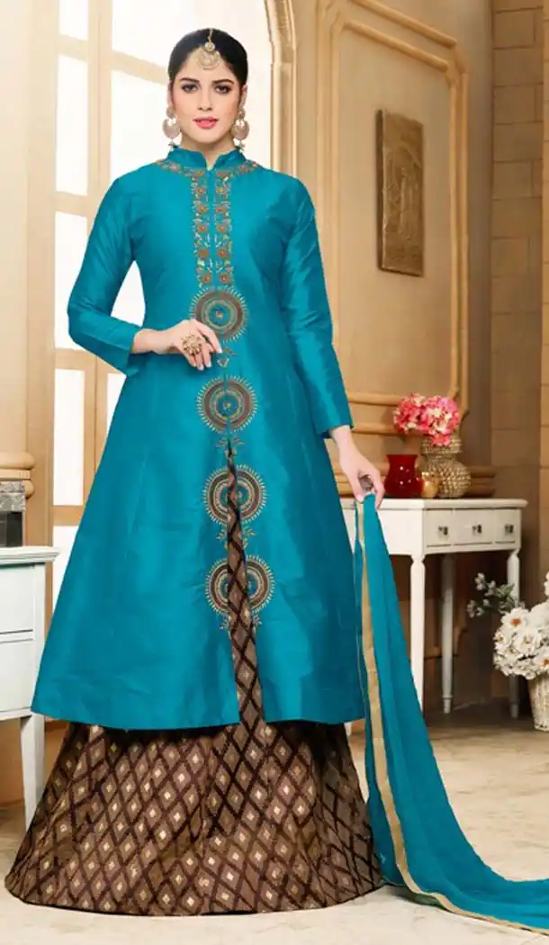 Aqua Blue Color Silk Evening Wear Lehenga Suit | FH533780600