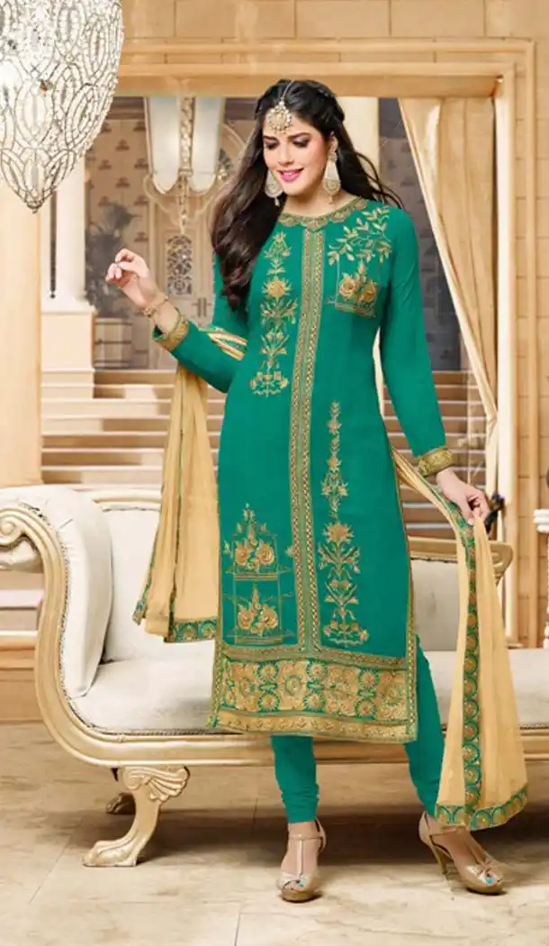Emerald Color Silk Evening Wear Churidar Suit | FH533780602