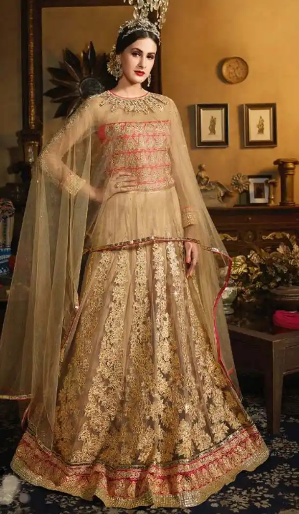 Tan Brown Color Net,Silk Long Pakistani Style Designer Salwar Kameez | FH534980806