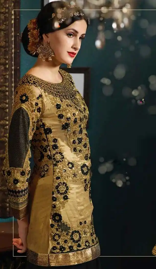 Beige Color Net,Velvet Long Pakistani Style Designer Short Kameez Lehenga | FH534980809