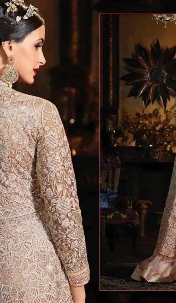 Mistyrose Color Net Long Pakistani Style Designer Lehenga Kameez | FH534980810