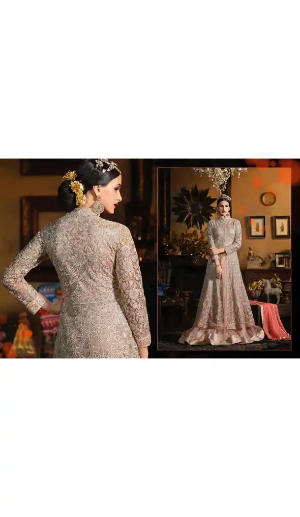 Mistyrose Color Net Long Pakistani Style Designer Lehenga Kameez | FH534980810