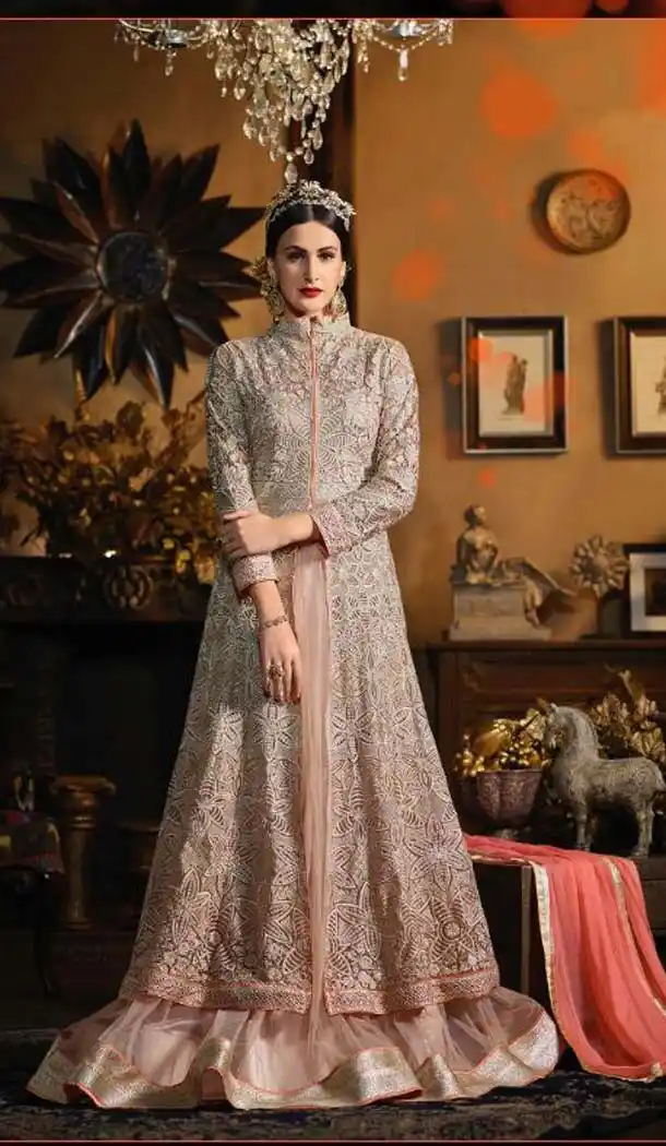 Mistyrose Color Net Long Pakistani Style Designer Lehenga Kameez | FH534980810