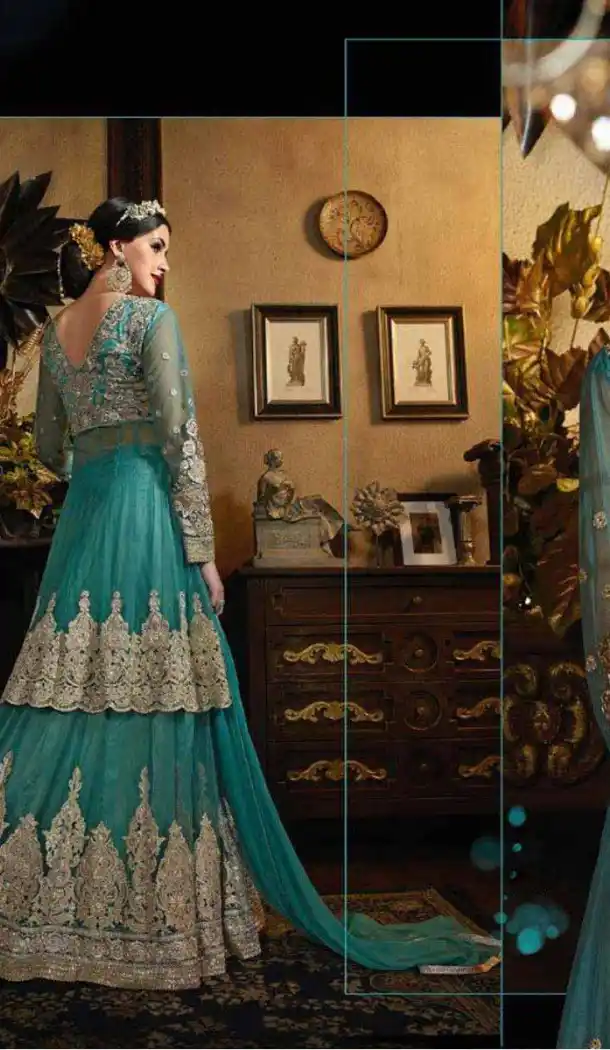 Greenish Blue Color Net Long Pakistani Style Designer Lehenga Kameez | FH534980811