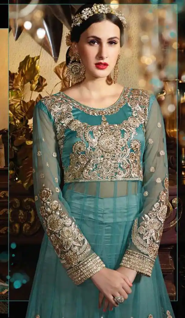 Greenish Blue Color Net Long Pakistani Style Designer Lehenga Kameez | FH534980811