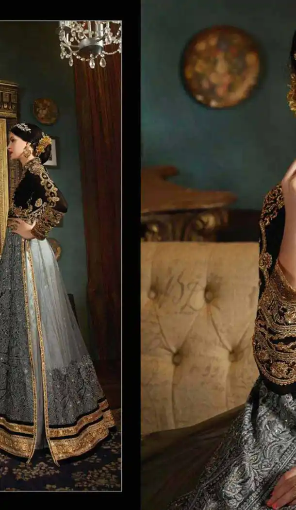 Black Color Net,Velvet Long Pakistani Style Designer Churidar Kameez | FH534980812