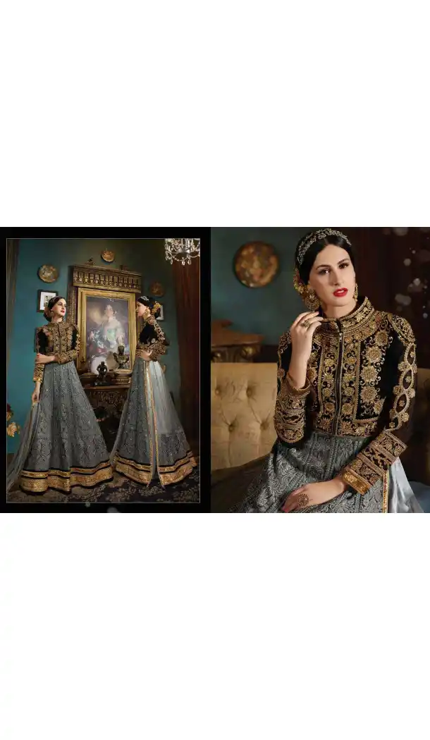 Black Color Net,Velvet Long Pakistani Style Designer Churidar Kameez | FH534980812