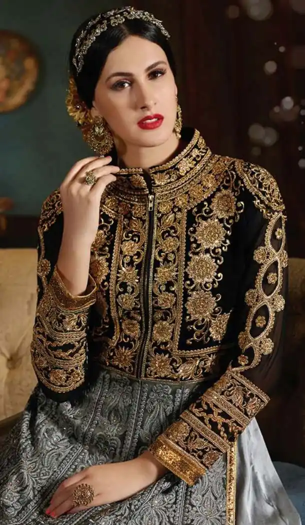 Black Color Net,Velvet Long Pakistani Style Designer Churidar Kameez | FH534980812