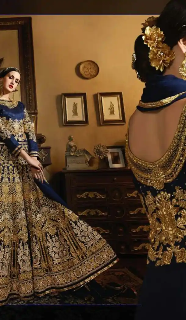 Deep Blue Color Banarasi Silk Long Pakistani Style Designer Churidar Kameez | FH534980813