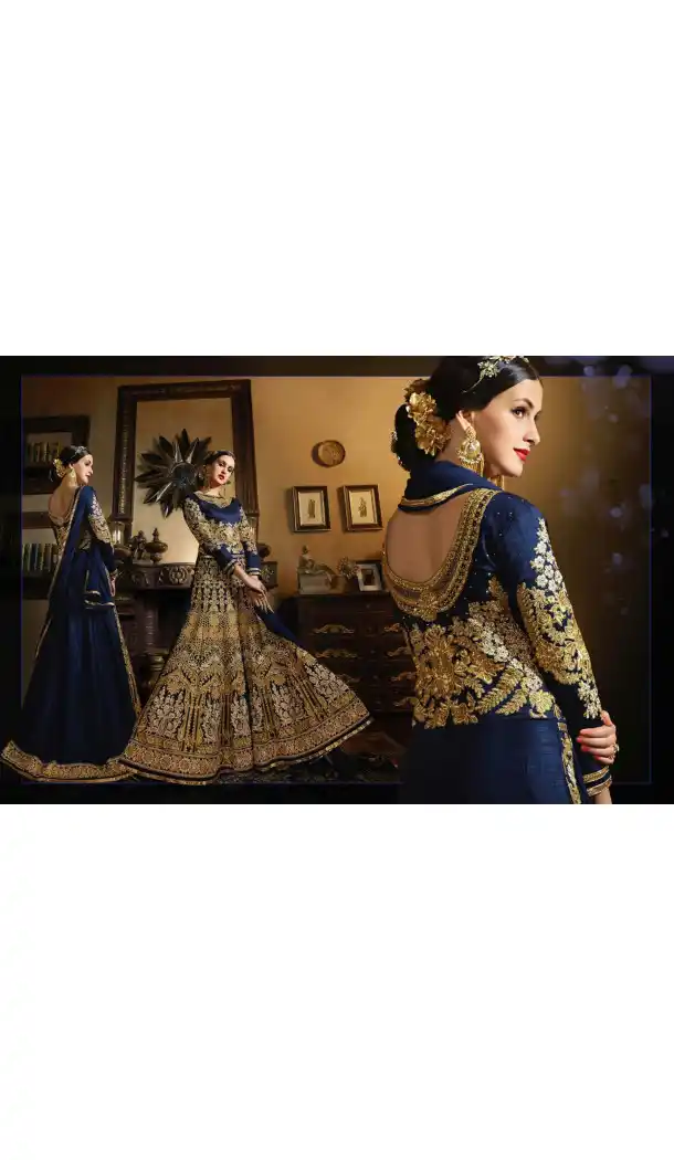 Deep Blue Color Banarasi Silk Long Pakistani Style Designer Churidar Kameez | FH534980813