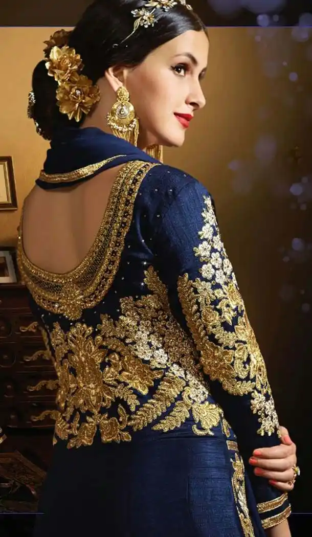 Deep Blue Color Banarasi Silk Long Pakistani Style Designer Churidar Kameez | FH534980813