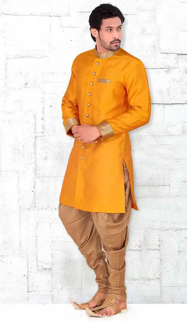 Orange Color Banarasi Silk Lace Work Mens Readymade Chudidar Kurta | FH535680904