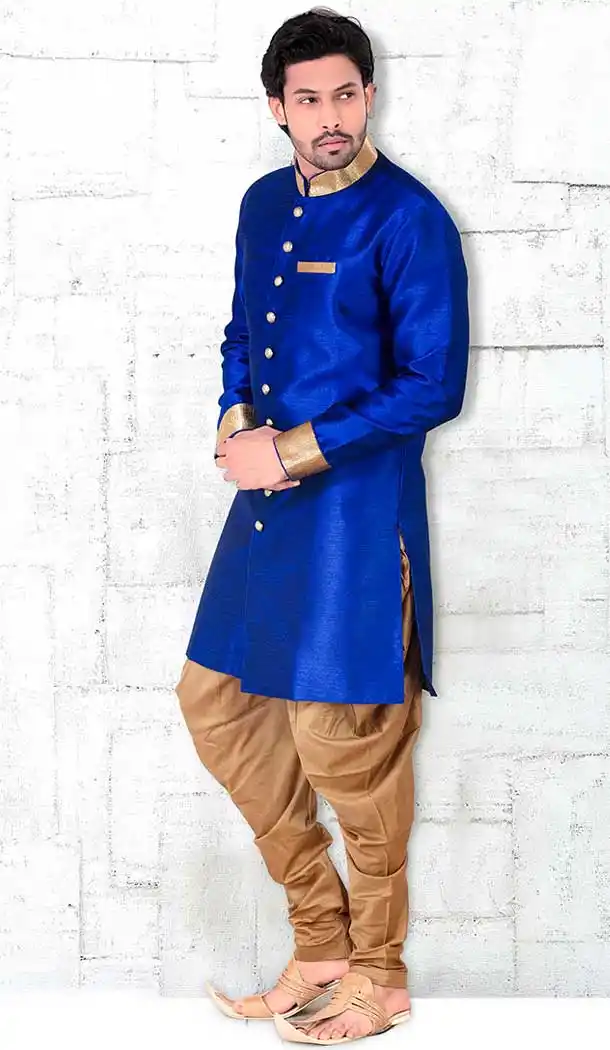 Blue Color Banarasi Silk Lace Work Mens Readymade Chudidar Kurta | FH535680905