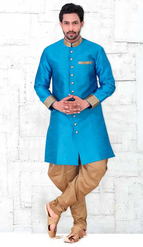 Sky Blue Color Banarasi Silk Lace Work Mens Readymade Chudidar Kurta | FH535680906