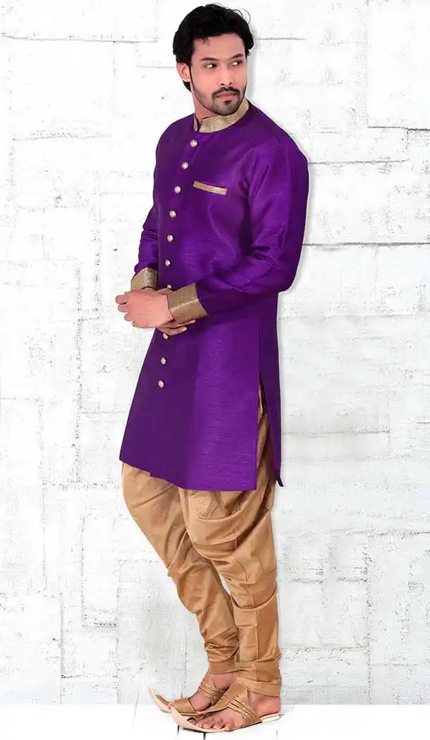 Purple Color Banarasi Silk Lace Work Mens Readymade Chudidar Kurta | FH535680907