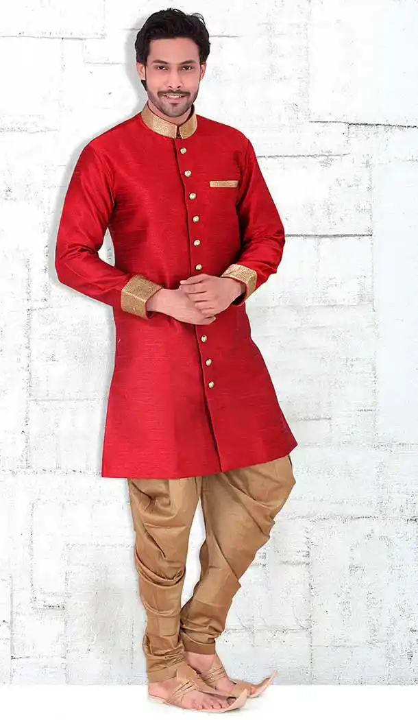 Crimson Color Banarasi Silk Lace Work Mens Readymade Chudidar Kurta | FH535680909