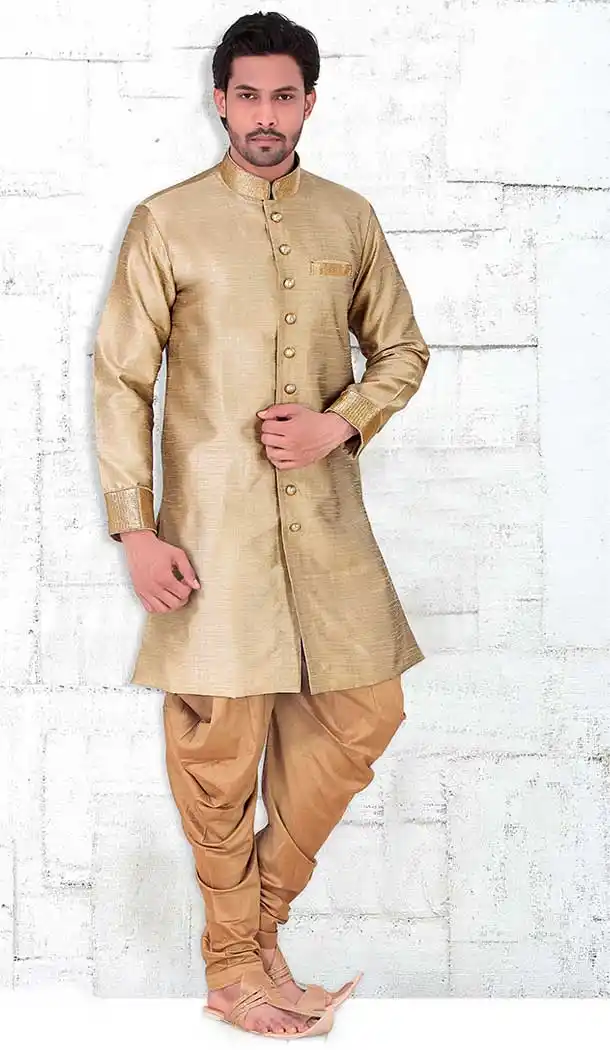 Tan Brown Color Banarasi Silk Lace Work Mens Readymade Chudidar Kurta | FH535680910
