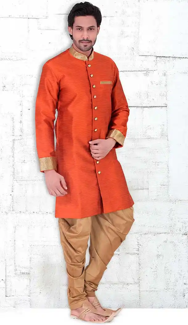 Deep Orange Color Banarasi Silk Lace Work Mens Readymade Chudidar Kurta | FH535680911