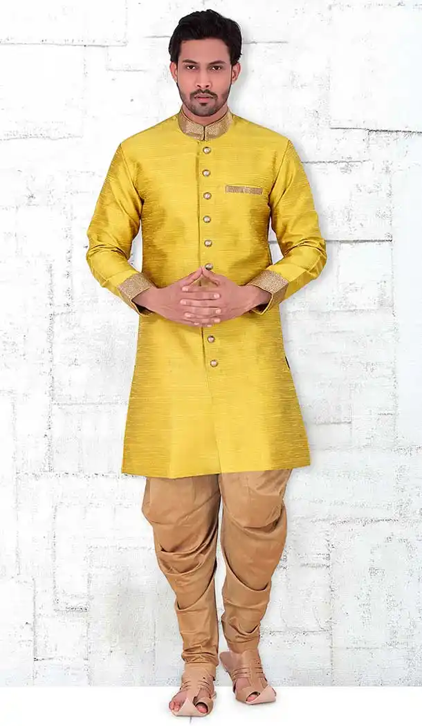 Yellow Color Banarasi Silk Lace Work Mens Readymade Chudidar Kurta | FH535680912