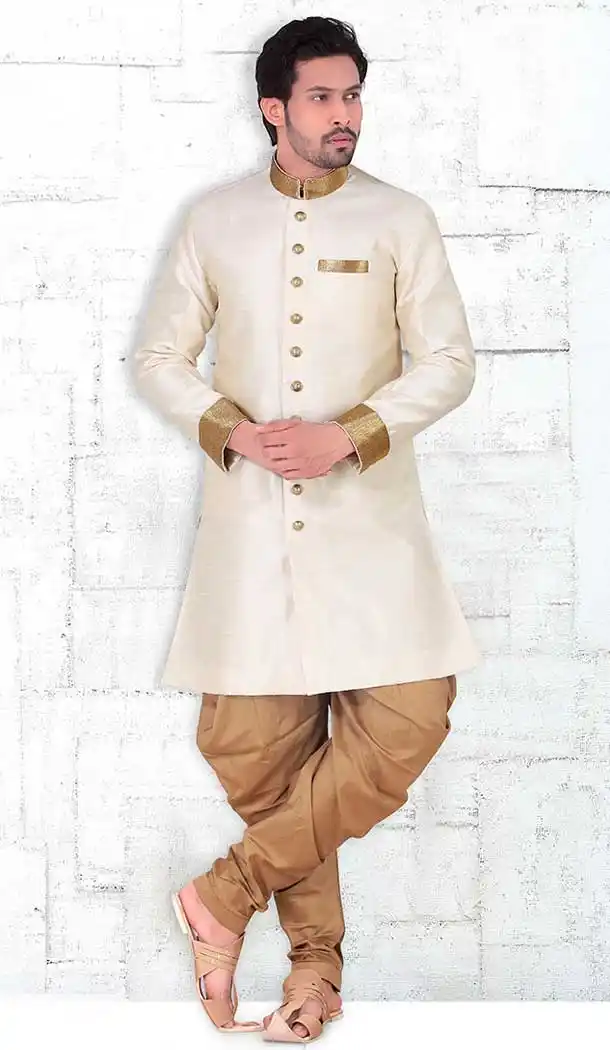 Off White Color Banarasi Silk Lace Work Mens Readymade Chudidar Kurta | FH535680913