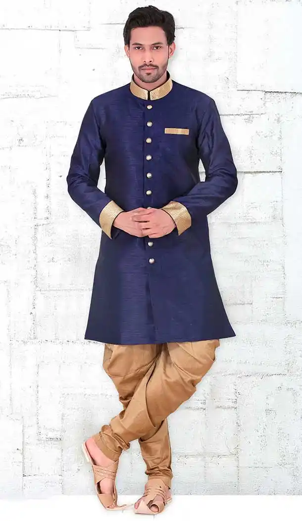 Navy Blue Color Banarasi Silk Lace Work Mens Readymade Chudidar Kurta | FH535680914