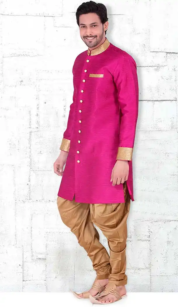 Deep Pink Color Banarasi Silk Lace Work Mens Readymade Chudidar Kurta | FH535680915