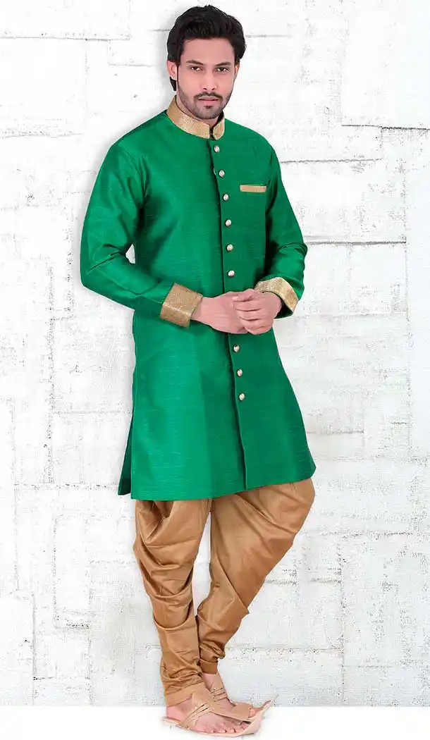 Chocolate Color Banarasi Silk Lace Work Mens Readymade Chudidar Kurta | FH535680916