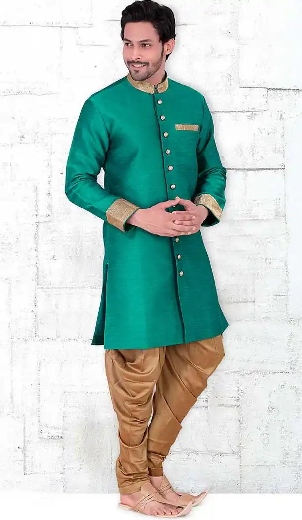 Green Color Banarasi Silk Lace Work Mens Readymade Chudidar Kurta | FH535680917