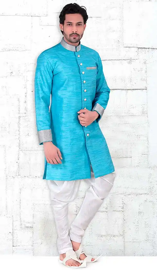 Sky Blue Color Banarasi Silk Lace Work Mens Readymade Chudidar Kurta | FH535680918